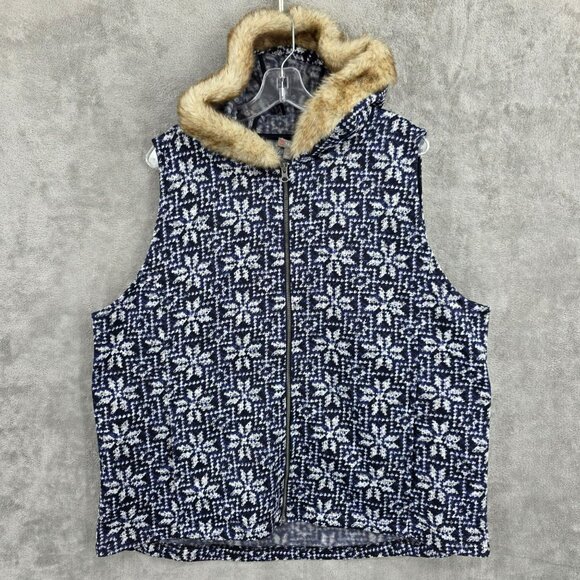Talbots Hooded Vest 2X Blue White Snowflake Fair Isle Pockets Faux Fur Cozy Zip - Picture 1 of 10